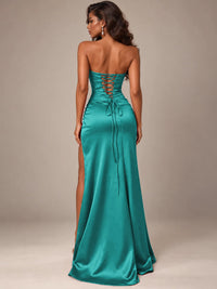 Burgundy Strapless Sparkly Corset Prom Dress with High Slit