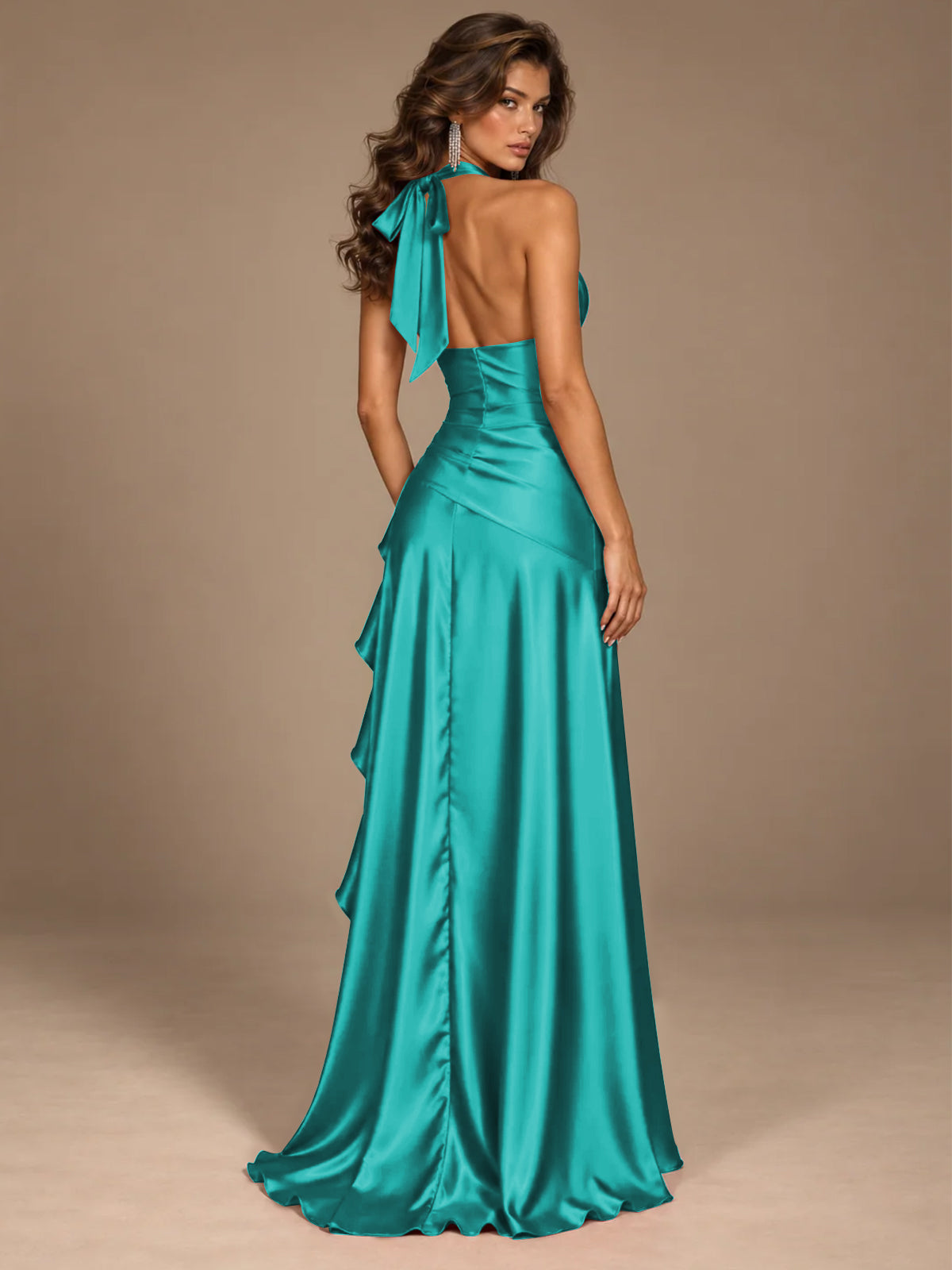 Burgundy Halter Deep V-Neck Ruched High Slit Ruffle Prom Dress