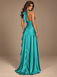 Burgundy Halter Deep V-Neck Ruched High Slit Ruffle Prom Dress