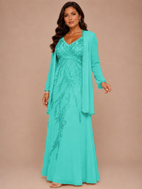 Champagne Beaded Chiffon Mother of the Bride Dress with Jacket V-Neck Gown