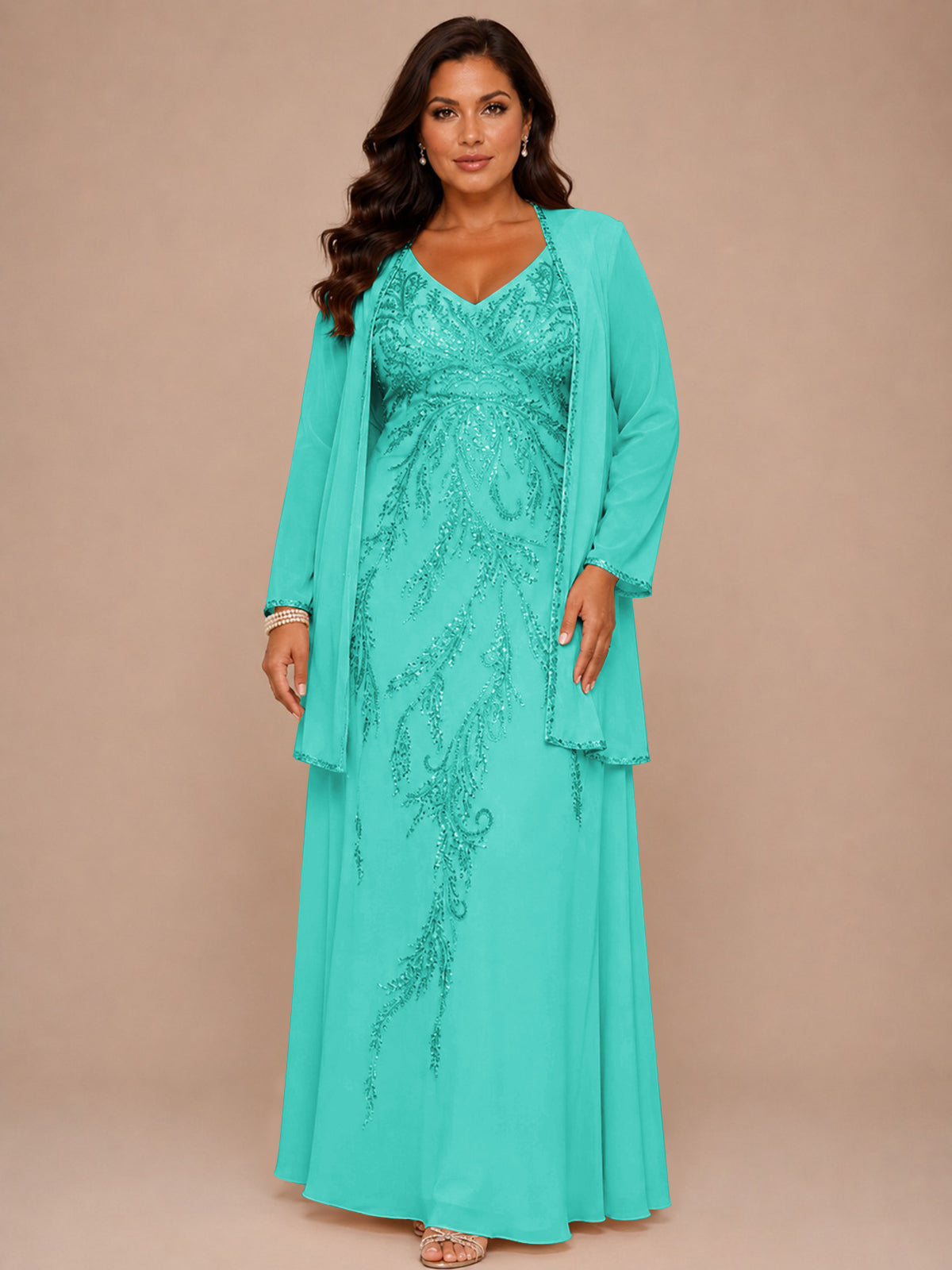 Champagne Beaded Chiffon Mother of the Bride Dress with Jacket V-Neck Gown