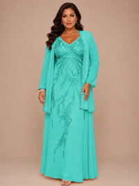 Champagne Beaded Chiffon Mother of the Bride Dress with Jacket V-Neck Gown