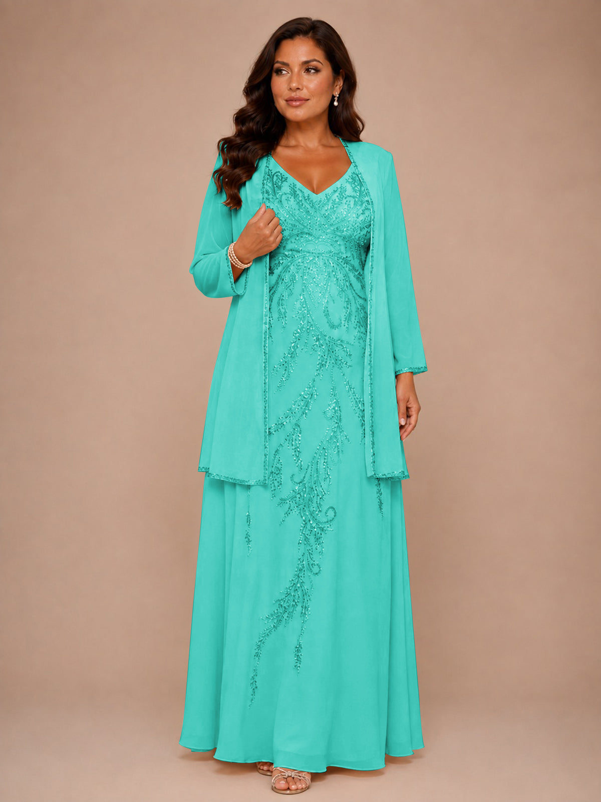 Champagne Beaded Chiffon Mother of the Bride Dress with Jacket V-Neck Gown