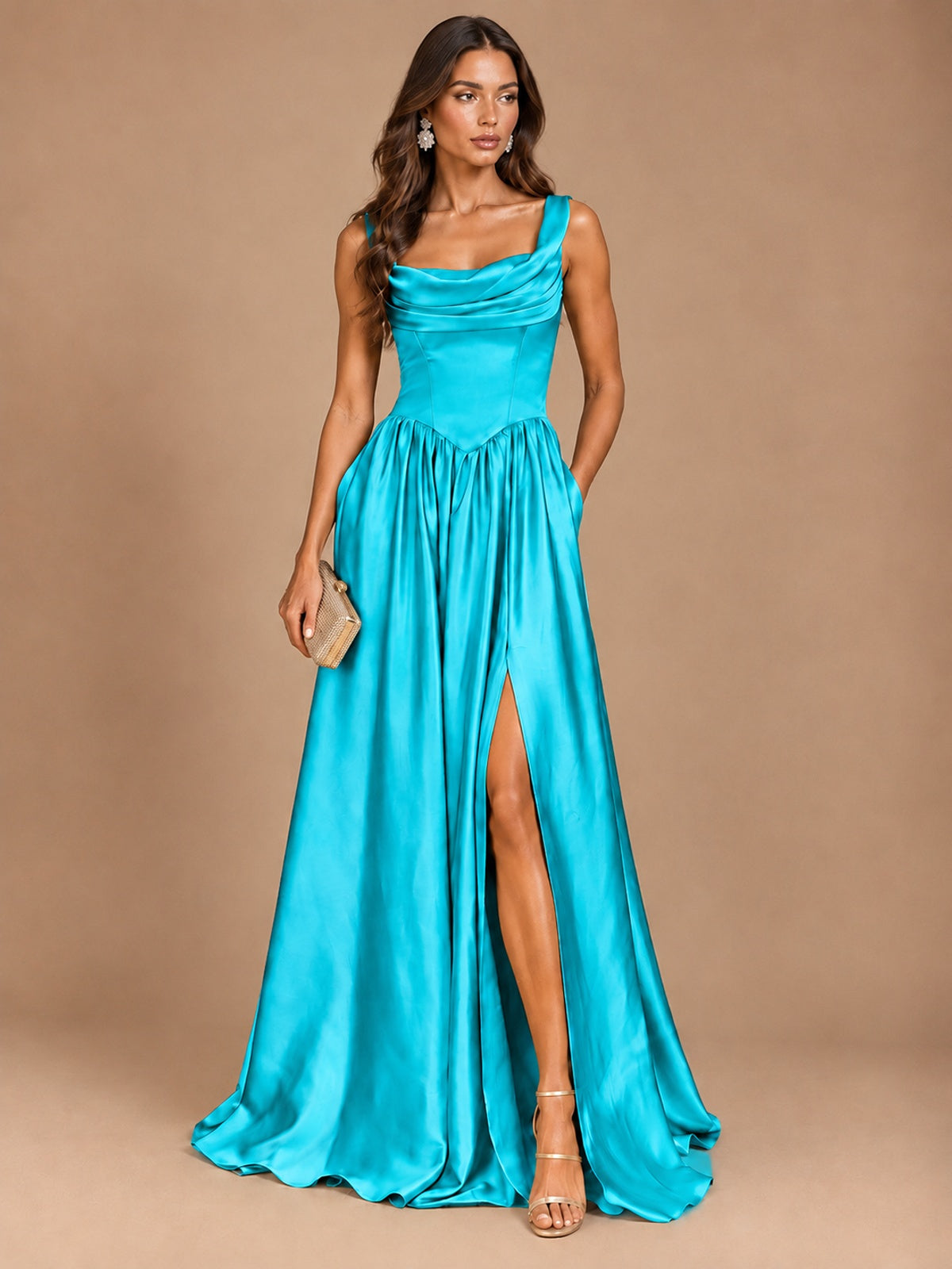 Cowl Neck Pleated Satin Prom Dress with Pockets & Slit Maxi Formal Gowns