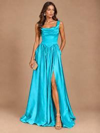 Cowl Neck Pleated Satin Prom Dress with Pockets & Slit Maxi Formal Gowns