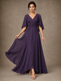 V-Neck Chiffon Lace Mother of the Bride Dress with Flutter Sleeves