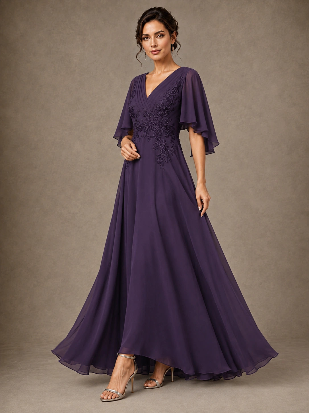 V-Neck Chiffon Lace Mother of the Bride Dress with Flutter Sleeves