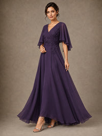 V-Neck Chiffon Lace Mother of the Bride Dress with Flutter Sleeves