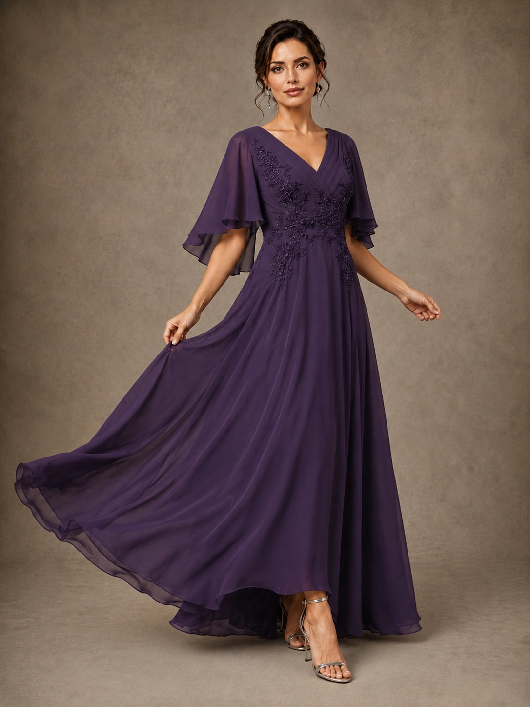 V-Neck Chiffon Lace Mother of the Bride Dress with Flutter Sleeves