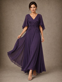 V-Neck Chiffon Lace Mother of the Bride Dress with Flutter Sleeves