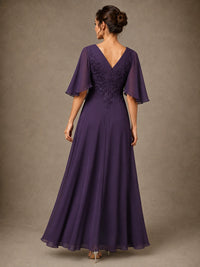 V-Neck Chiffon Lace Mother of the Bride Dress with Flutter Sleeves