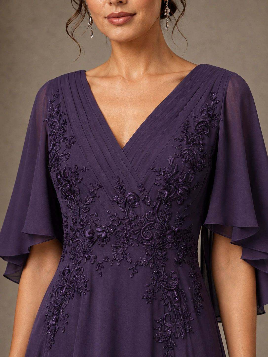 V-Neck Chiffon Lace Mother of the Bride Dress with Flutter Sleeves