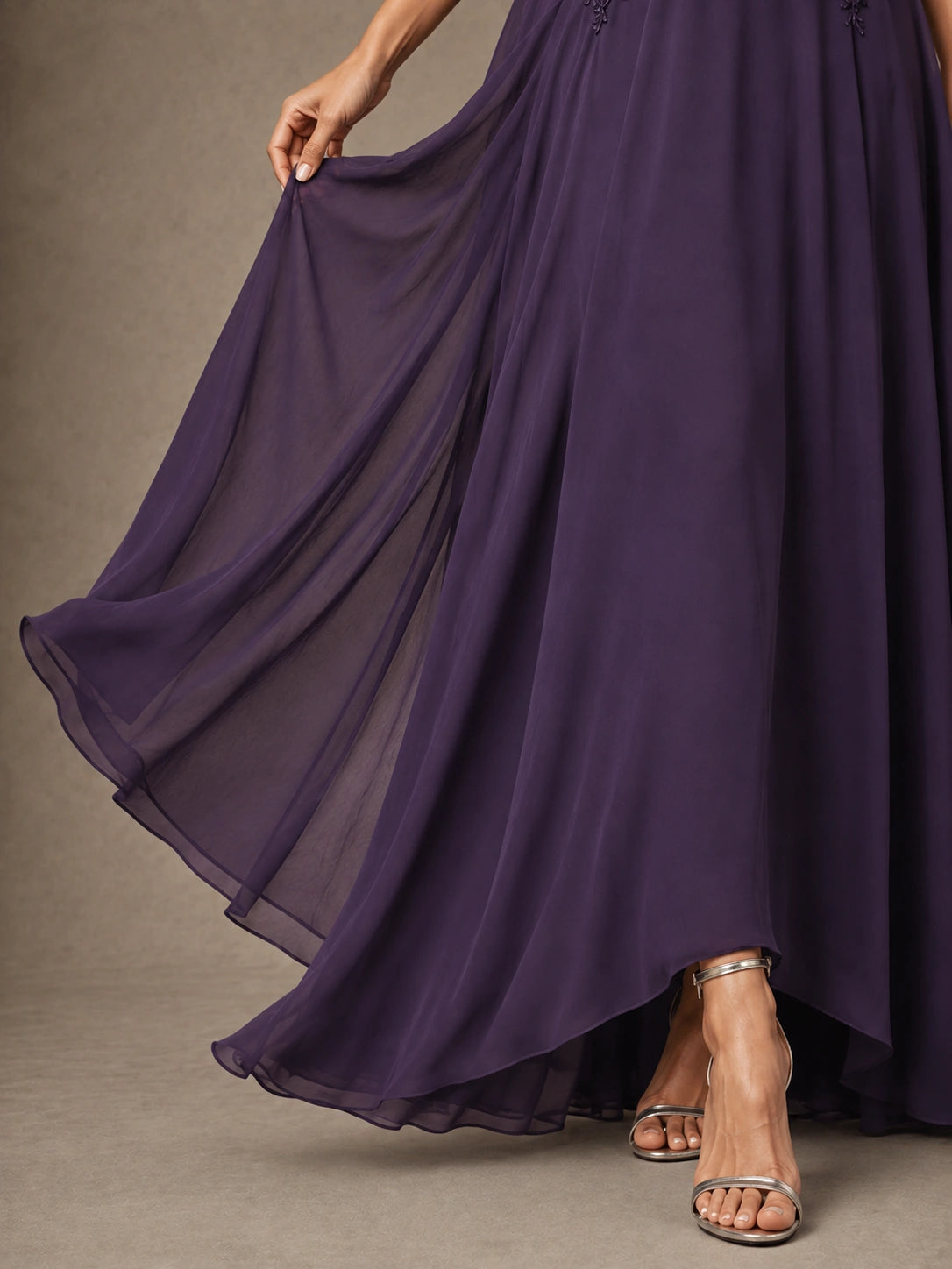 V-Neck Chiffon Lace Mother of the Bride Dress with Flutter Sleeves