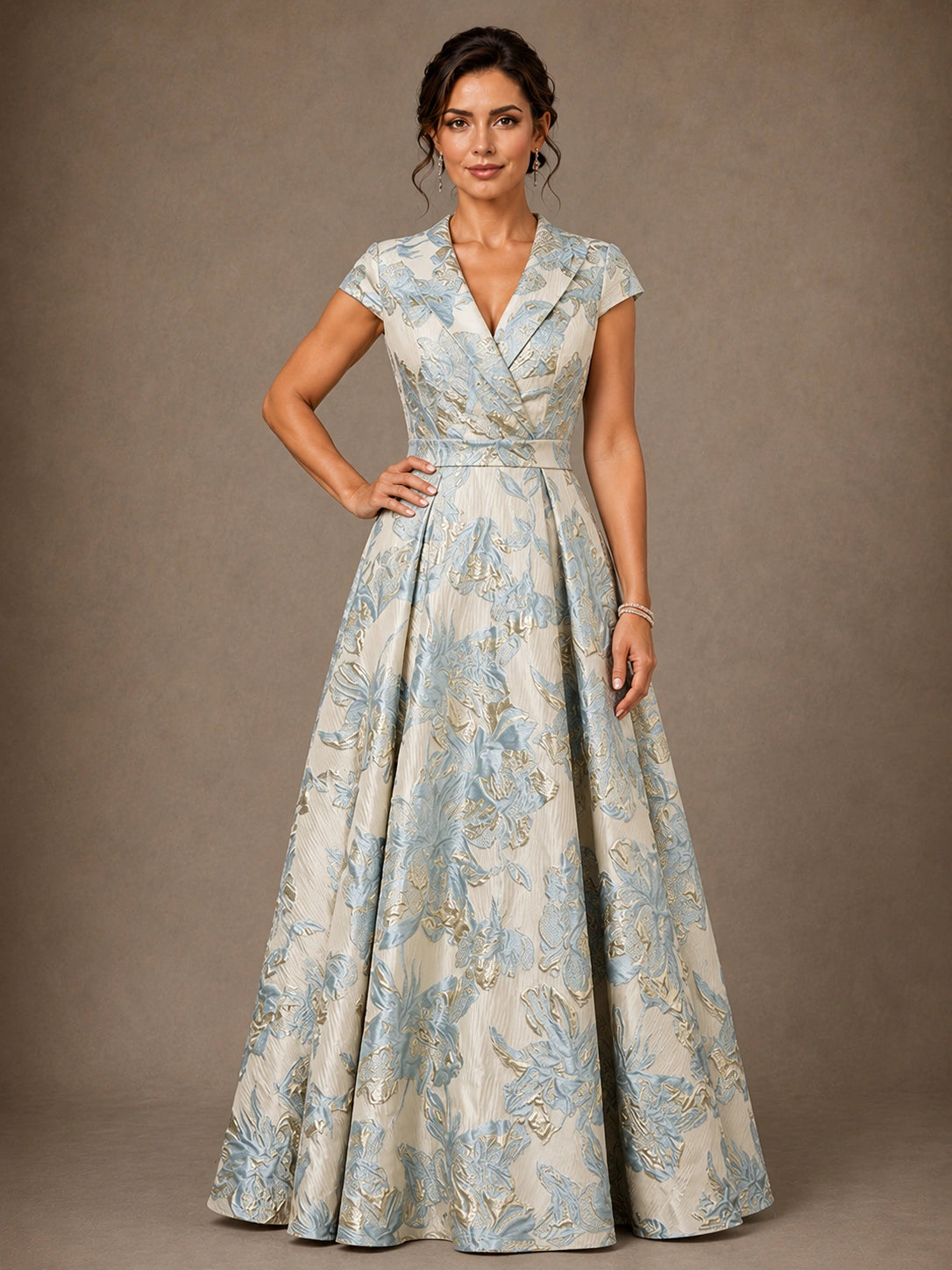Light blue floral jacquard V-neck mother of the bride gown with cap sleeves and A-line skirt