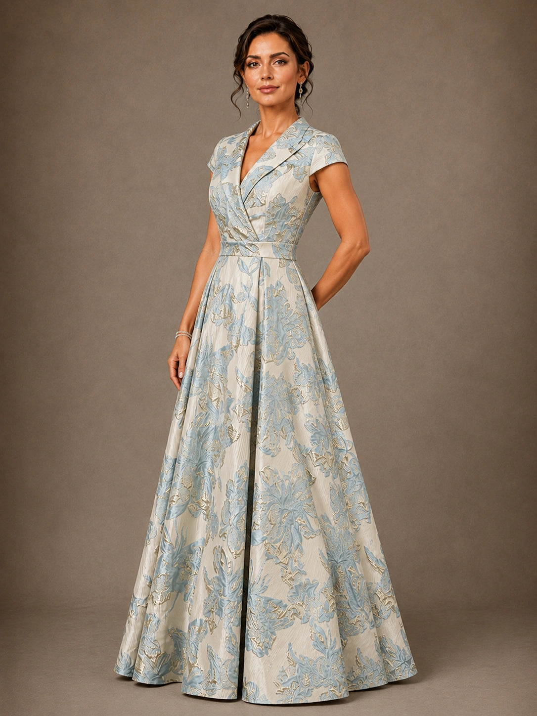 Jovellee collared V-neck jacquard formal gown with defined waist