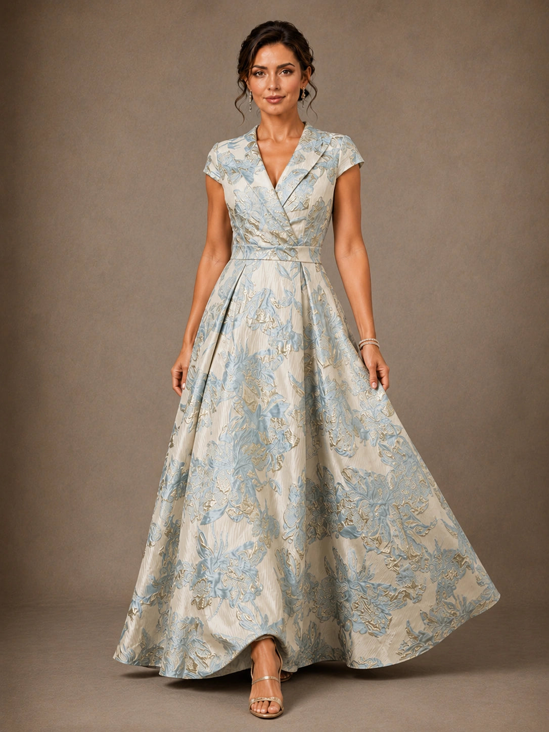 Floral jacquard A-line mother of the bride dress with cap sleeves