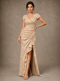 V-Neck Floral Jacquard Mother of the Bride Dress with Slit