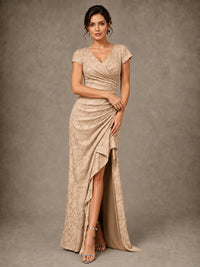 V-Neck Floral Jacquard Mother of the Bride Dress with Slit