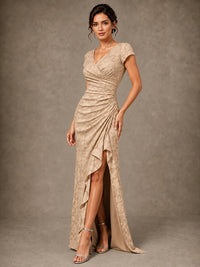 V-Neck Floral Jacquard Mother of the Bride Dress with Slit