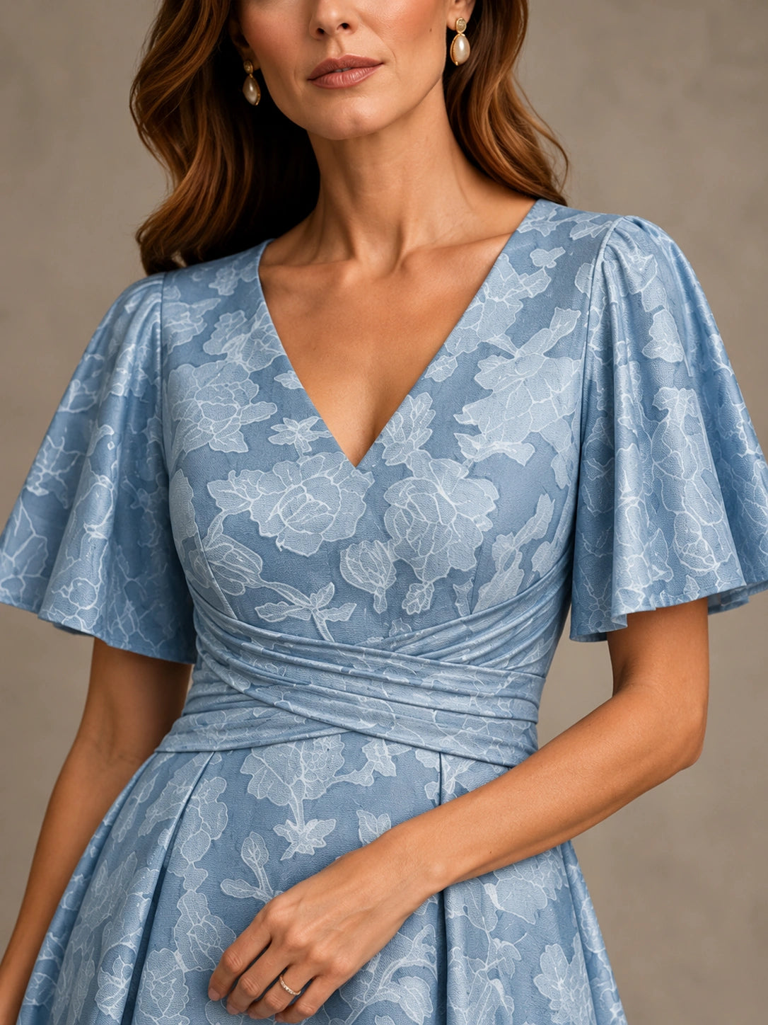 V-Neck Floral Jacquard Tea-Length Mother of the Bride Dress