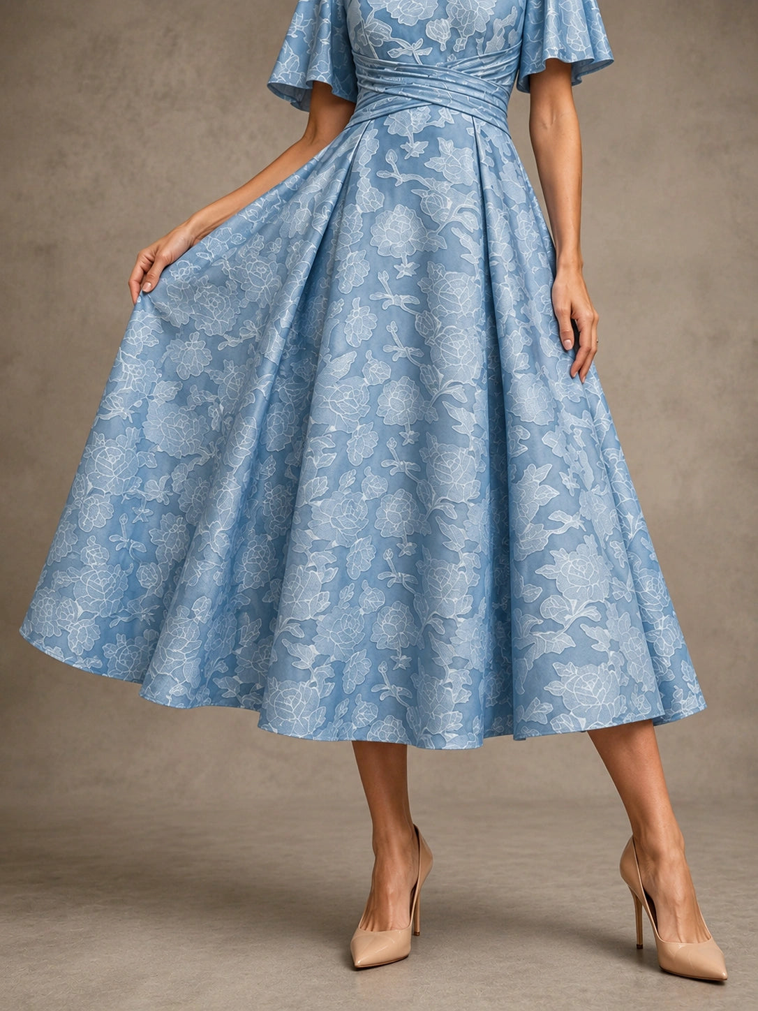 V-Neck Floral Jacquard Tea-Length Mother of the Bride Dress