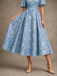 V-Neck Floral Jacquard Tea-Length Mother of the Bride Dress