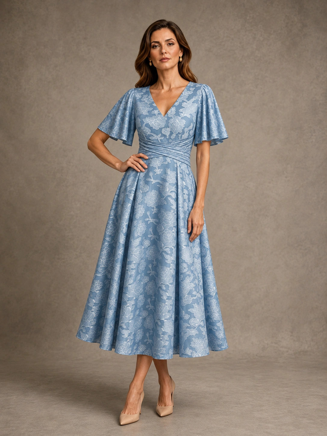 V-Neck Floral Jacquard Tea-Length Mother of the Bride Dress