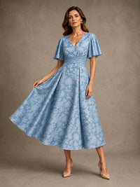 V-Neck Floral Jacquard Tea-Length Mother of the Bride Dress
