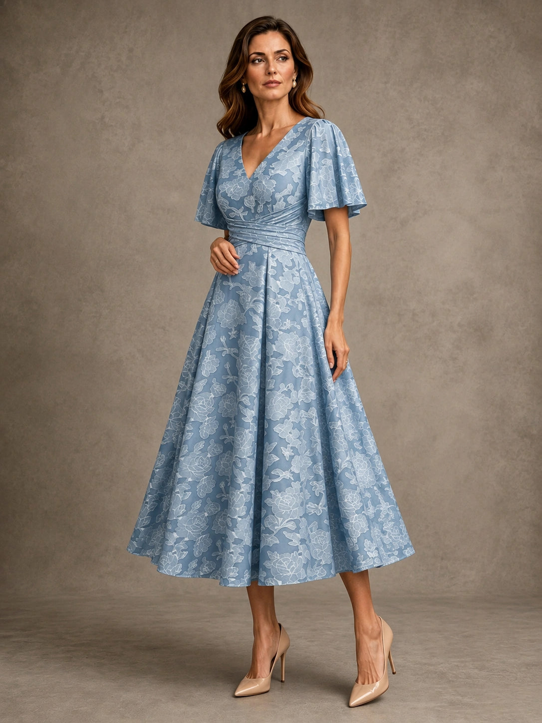 V-Neck Floral Jacquard Tea-Length Mother of the Bride Dress