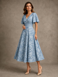 V-Neck Floral Jacquard Tea-Length Mother of the Bride Dress