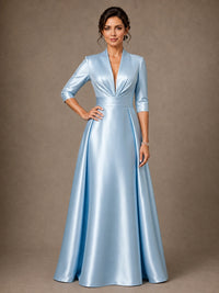 V-Neck Pleated Satin Mother of the Bride Gown with 3/4 Sleeves