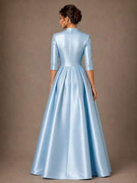 V-Neck Pleated Satin Mother of the Bride Gown with 3/4 Sleeves
