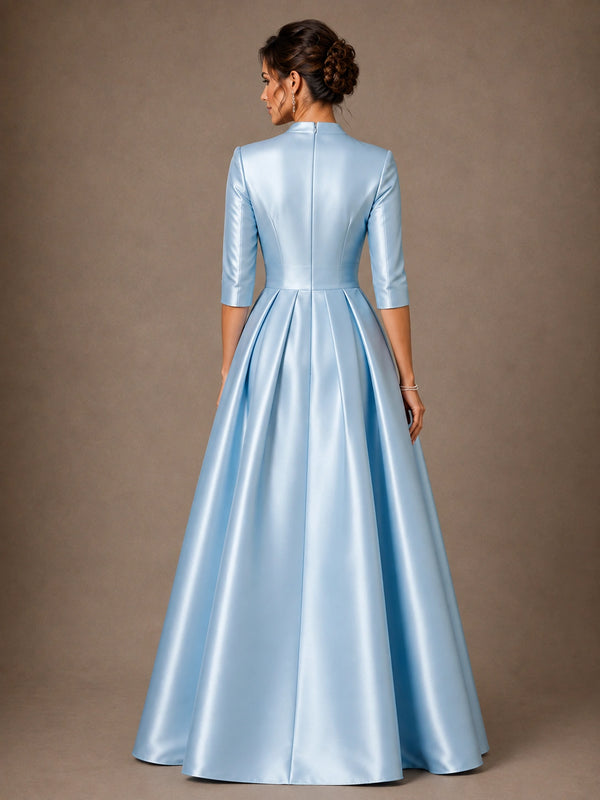 V-Neck Pleated Satin Mother of the Bride Gown with 3/4 Sleeves