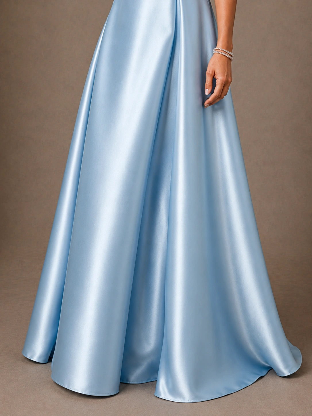 V-Neck Pleated Satin Mother of the Bride Gown with 3/4 Sleeves