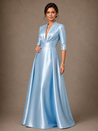 V-Neck Pleated Satin Mother of the Bride Gown with 3/4 Sleeves