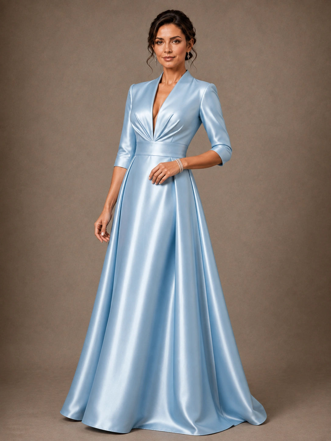 V-Neck Pleated Satin Mother of the Bride Gown with 3/4 Sleeves