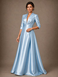 V-Neck Pleated Satin Mother of the Bride Gown with 3/4 Sleeves