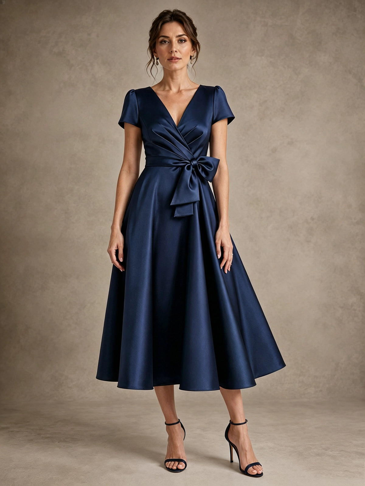 V-Neck Tea-Length Satin Mother of the Bride Dress with Bow