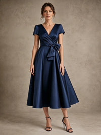 V-Neck Tea-Length Satin Mother of the Bride Dress with Bow