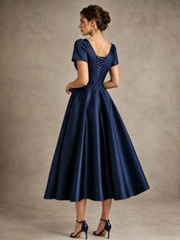 V-Neck Tea-Length Satin Mother of the Bride Dress with Bow