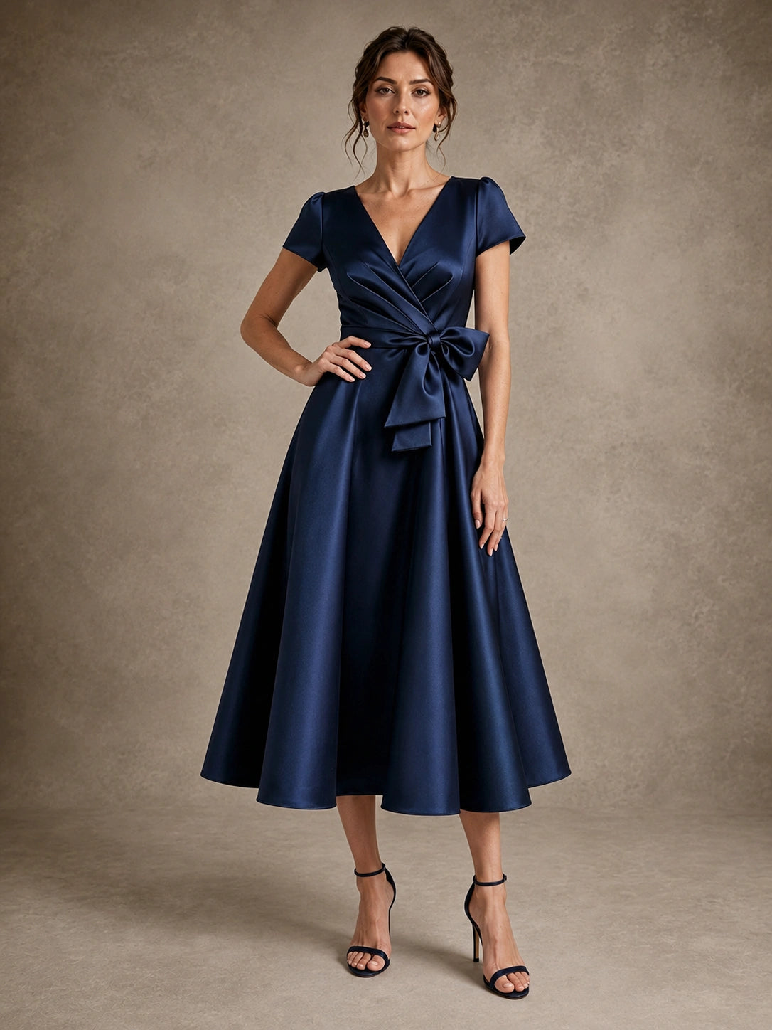 V-Neck Tea-Length Satin Mother of the Bride Dress with Bow