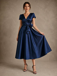 V-Neck Tea-Length Satin Mother of the Bride Dress with Bow