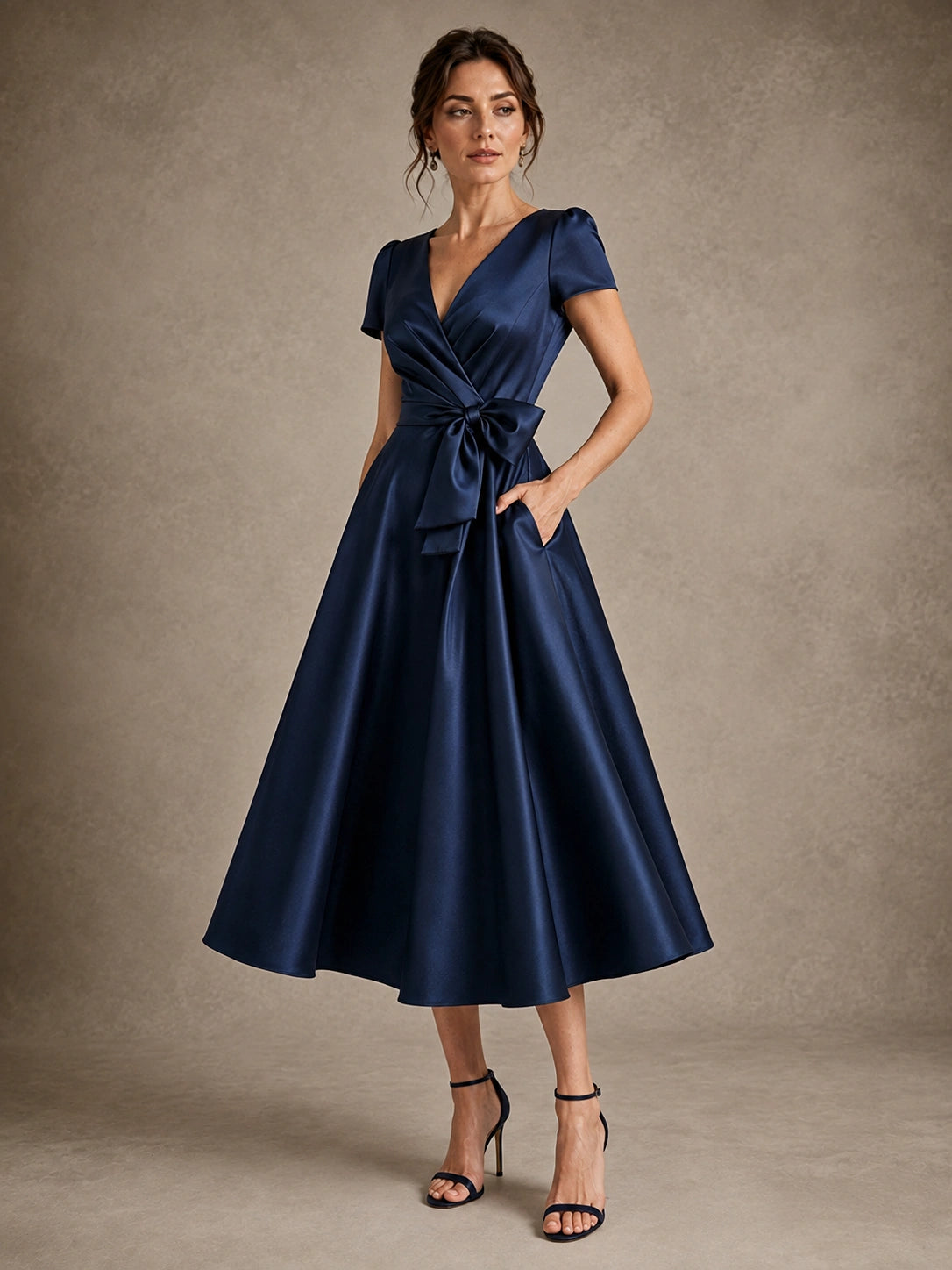 V-Neck Tea-Length Satin Mother of the Bride Dress with Bow