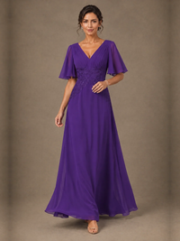 V-Neck Chiffon Mother of the Bride Dress with Applique