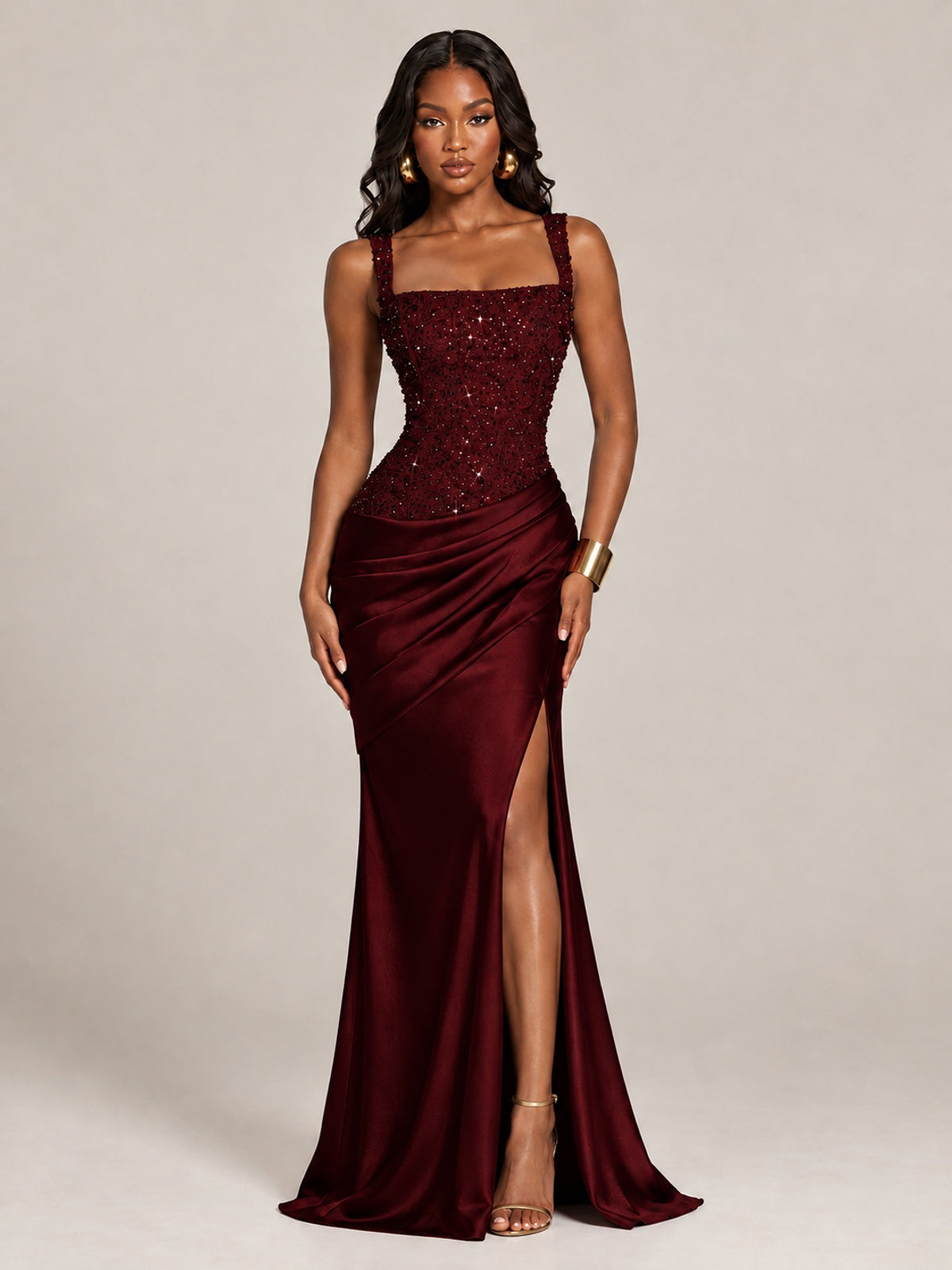Scoop Neck Sequin Prom Dress with High Slit Satin Formal Gowns