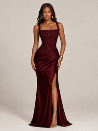 Scoop Neck Sequin Prom Dress with High Slit Satin Formal Gowns
