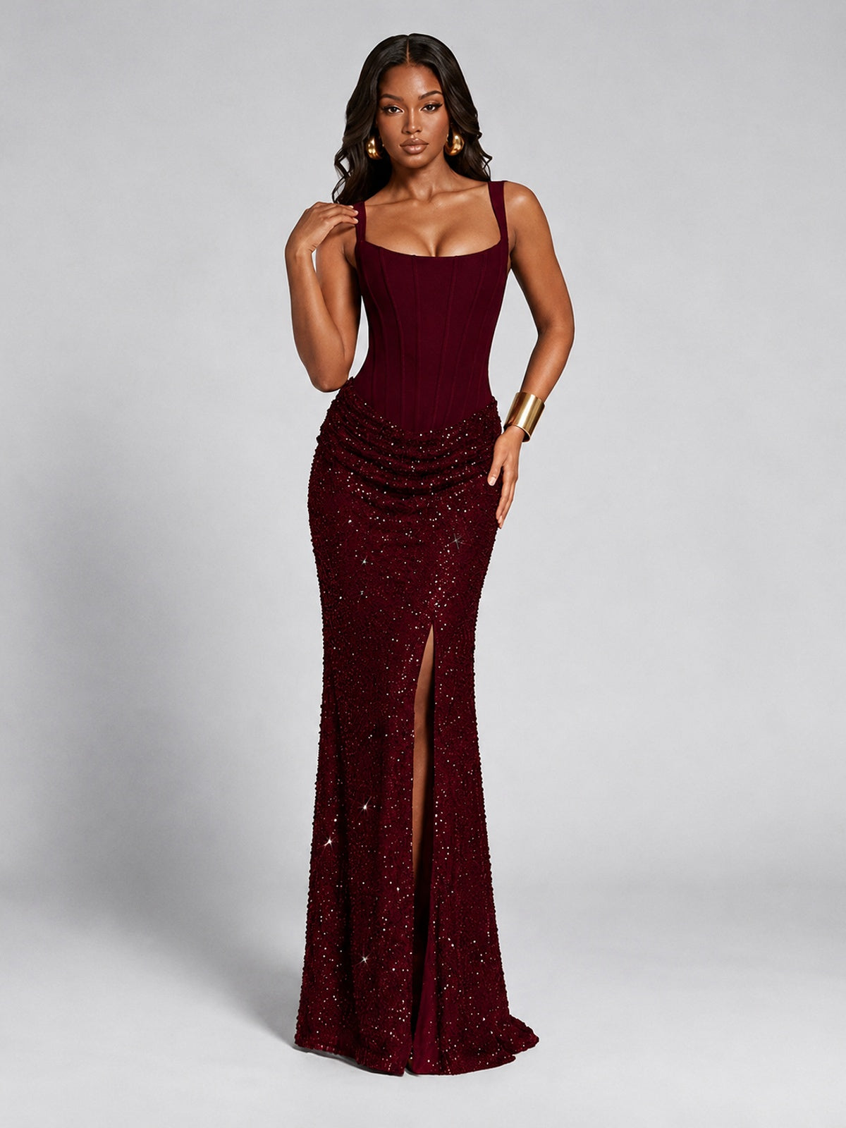 Sequin Corset Mermaid Prom Dress with Square Neck Wide Strap High Slit