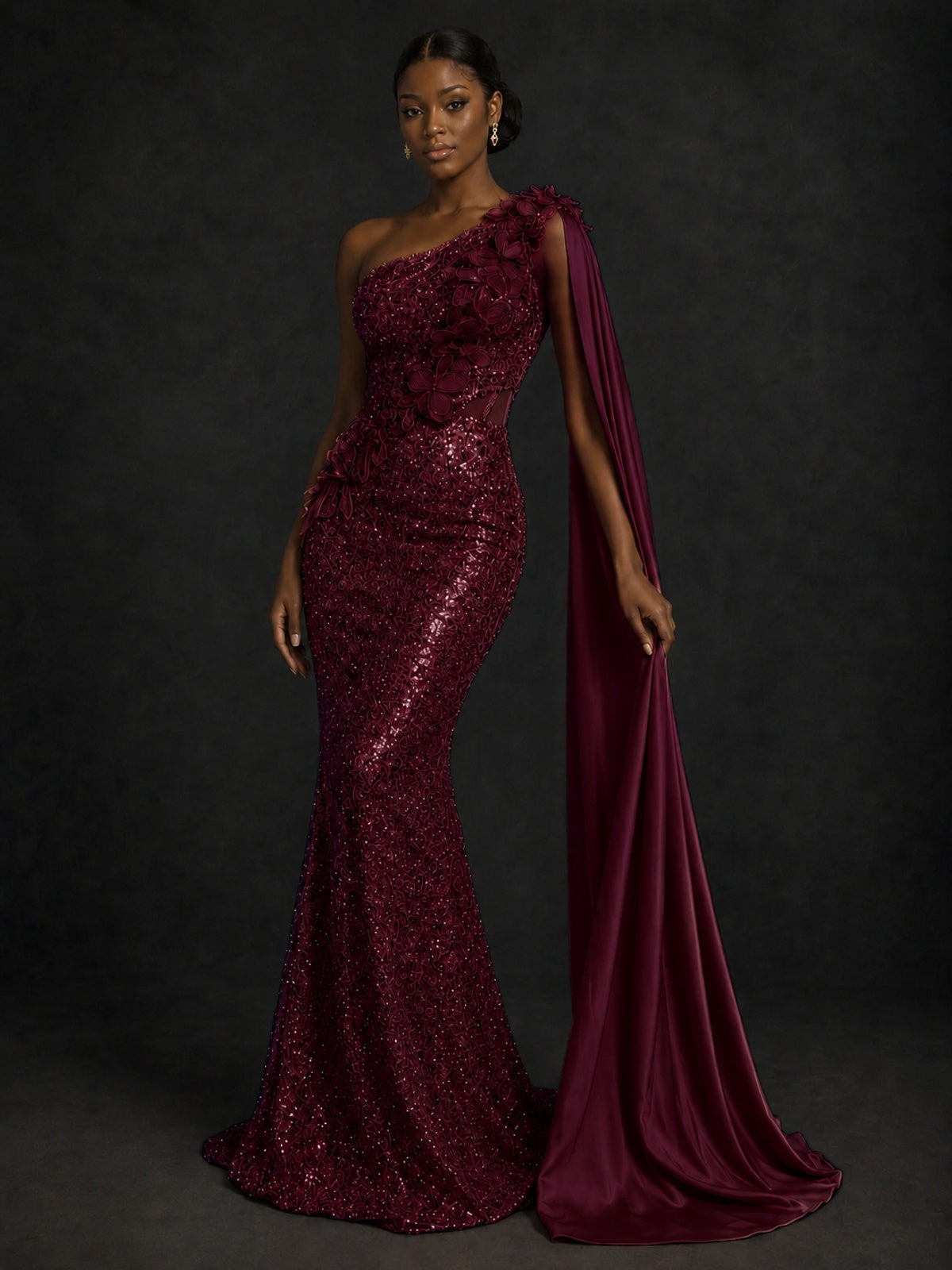 Gold Sequin One Shoulder Mermaid Prom Dress with Cape