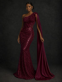 Gold Sequin One Shoulder Mermaid Prom Dress with Cape