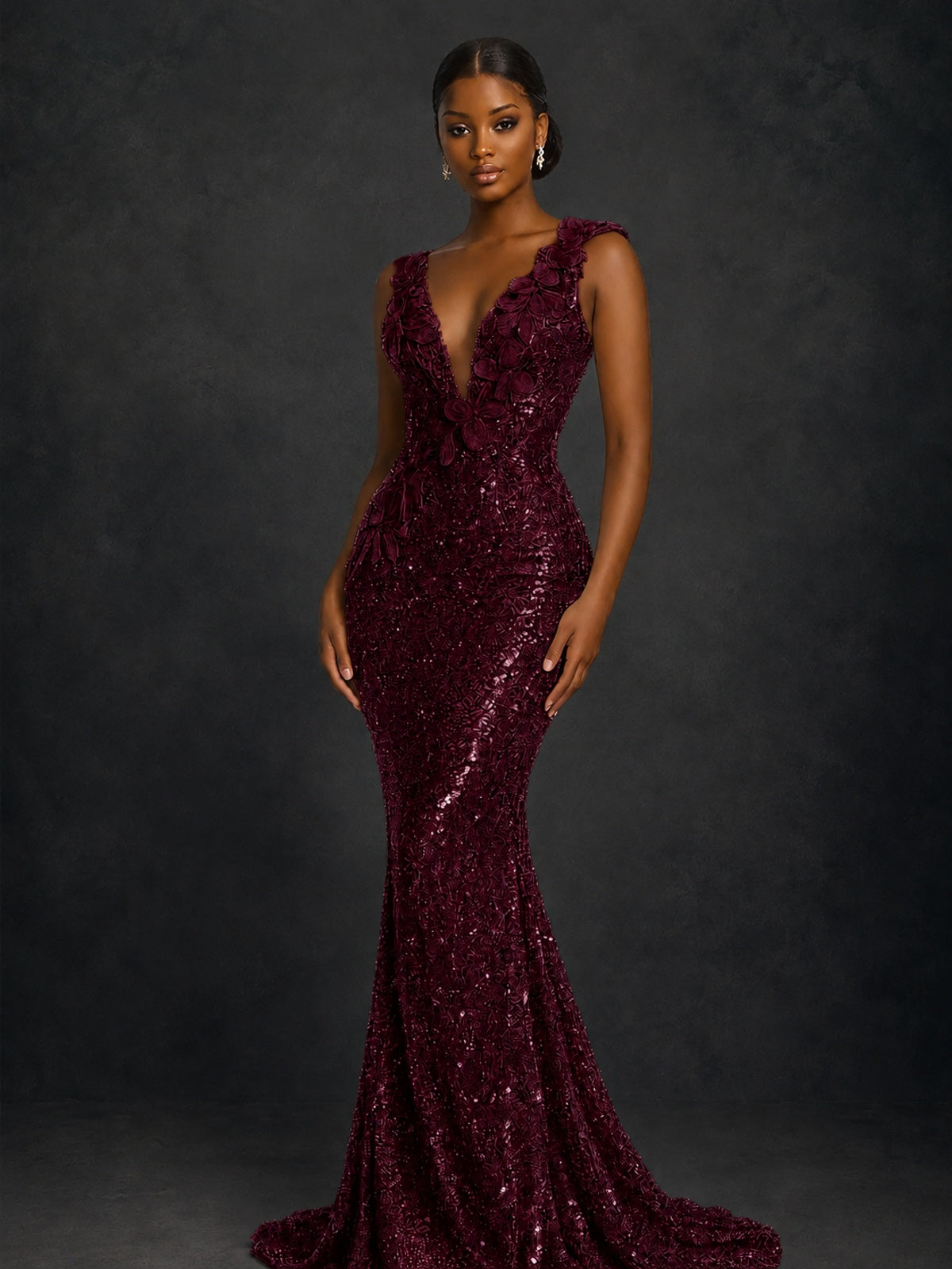 Gold Sequin Floral Applique Mermaid Prom Dress